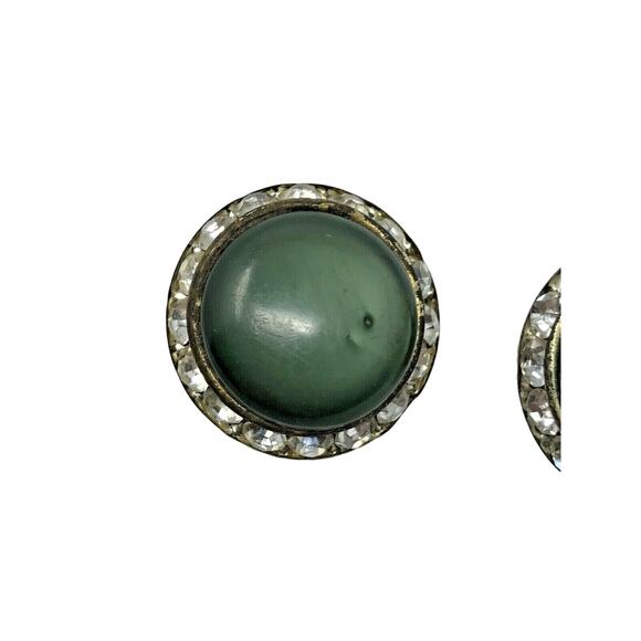 Round Green Gem Clip-on Earrings Rhinestone Trim Vintage - Picture 3 of 5
